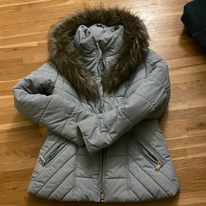 Blue puff jacket with faux fur